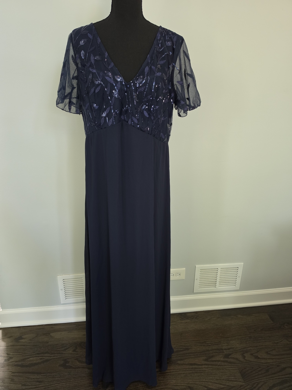 Elegant Navy Sequin Evening Dress - V-Neck Short Sleeve